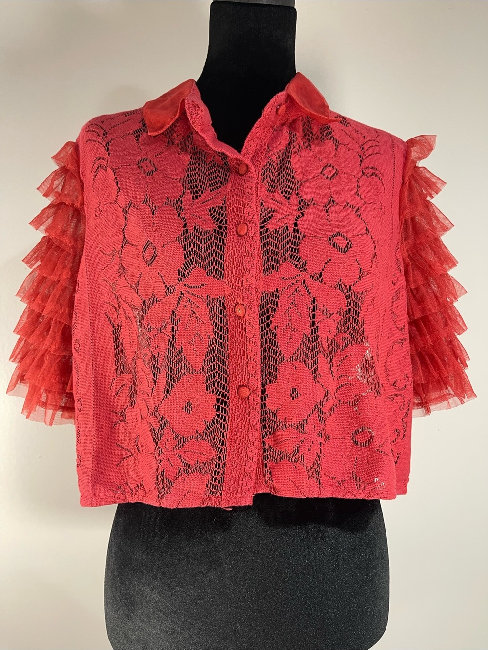 Free People Madonna Red Crop Lace Blouse 100% Cotton EUC Sz. L